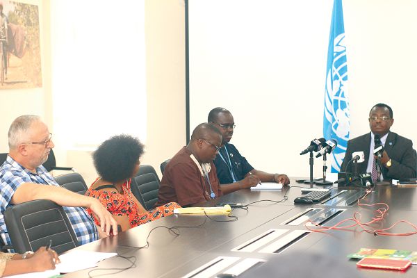 Dr Abebe Haile-Gabriel (right), Assistant Director General, FAO speaking at the press briefing while other officials of the organisation look on. Picture: NII MARTEY M. BOTCHWAY