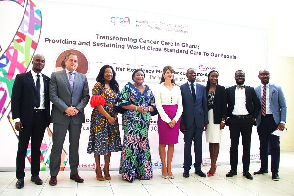 First Lady, Mrs Rebecca Akufo-Addo (4th left) and Her Royal Highness Princess Dina Mired of Jordan (5th left), President of the Union for International Cancer Control (UICC) with some participants after the event. Picture: EDNA ADU-SERWAA