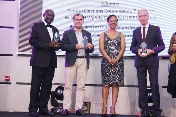 Mrs Jean Mensa, (2nd right) Chairperson, Electoral Commission Ghana, with the award winners in Electoral Conflict Management. Mr Wanyonyi Chebukati, (extreme left) Chairperson, Electoral Commission Kenya, Mr Noor Ali Jabarkhail (2nd left), Political Affairs Officer, United Nations Assistance Mission in Afghanistan, and Mr Hisham Kuhail (right), CEO, Central Elections Commission, Palestine. Picture: BENEDICT OBUOBI