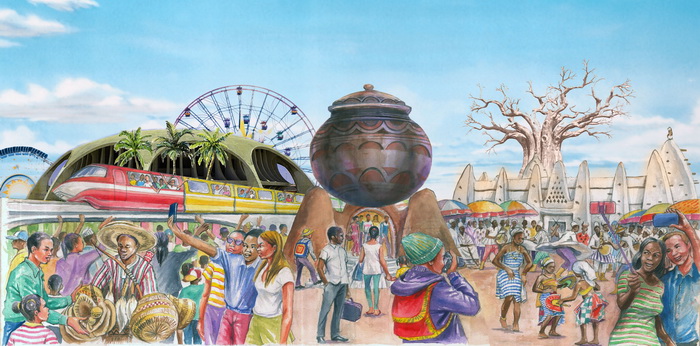 An artist impression of Anansekrom featuring Ananse’s magic pot of Wisdom, traditional and modern Architecture and  leisure infrastructure.