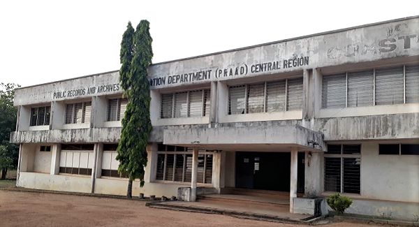 Front view of the two-storey Central Regional Public Records and Archives Administration Department (PRAAD) building