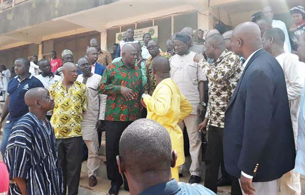 Mr Dan Botwe (middle) in a chat with Mr Saeed, the Northern Regional Minister and caretaker Regional Minister for the Savannah and North East regions, during the inspection tour of facilities for the RCC  in Damongo, the capital of the Savannah Region. Picture: Samuel Duodu