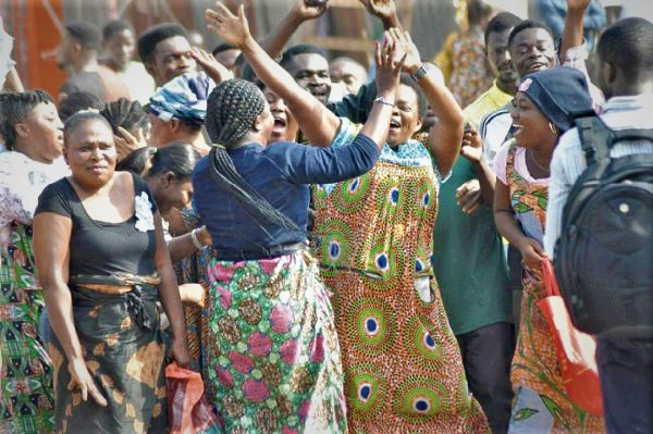 Some of the traders could not hide their excitement as they witnessed the reopening of the roads which will pave way for the official opening of the new Kejetia Market.  Picture: EMMANUEL BAAH