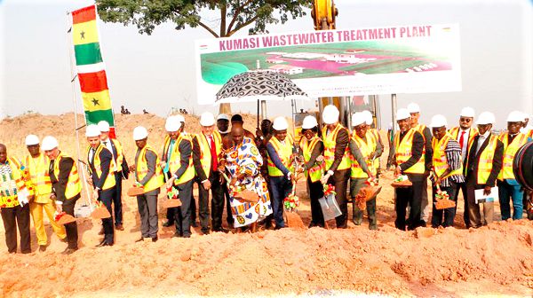 Officials of the Jospong Group of Companies, Pureco Limited and other dignitaries breaking the ground for work to begin
