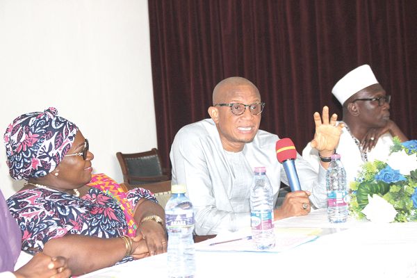 Mr Mustapha Abdul-Hamid (middle), Minister of Inner City and Zongo Development, delivering the key-note address at the Muslim Health Conference in Accra.  Looking on is Mrs Mary Aboagye, Executive Director, Health Concern Ghana. Picture: INNOCENT K.OWUSU