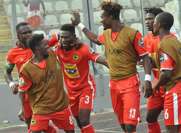 Players of Kotoko join Kwame Bonsu (third left) to celebrate his goal against Zesco United yesterday.