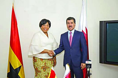 Qatar's Minister of Foreign Affairs Secretary General HE Dr Ahmed bin Hassan al-Hammadi shakes hand with Shirley Ayorkor Botchway of Ghana's Ministry of Foreign Affairs and Regional Integration