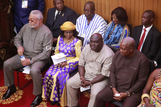 Former President Rawlings (L) with his wife Nana Konadu Agyemang Rawlings, former Chief of Staff Julius Debrah and former President John Mahama at the chamber of Parliament on Thursday morning during the SONA. Pictures by SAMUEL TEI ADANO and EMMANUEL ASAMOAH ADDAI
