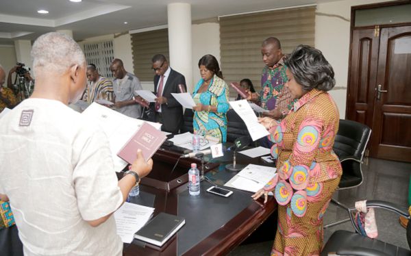 Ms Cecilia Abena Dapaah (head of table) administering the oath to the new members of the ministerial advisory board and the audit committee. Picture: EMMANUEL ASAMOAH ADDAI 
