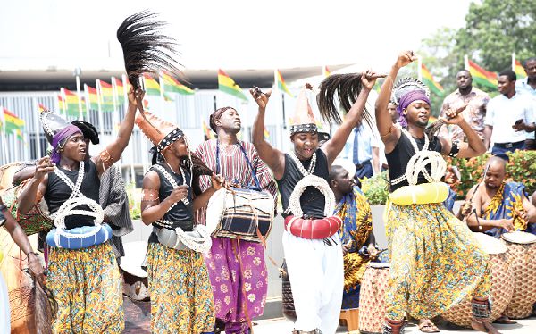 A cultural display by the Ghana Dance Ensemble to herald the State of the Nation Address in Accra. Picture: EBOW HANSON