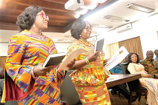 President Nana Addo Dankwa Akufo-Addo, administering the oath of office to Mrs Harriete Sena-Siaw Boateng (left), Ghana’s envoy to Belgium and Permanent Representative to the EU and Mrs Jennifer Lartey, Ambassador to Norway. Picture by SAMUEL TEI ADANO