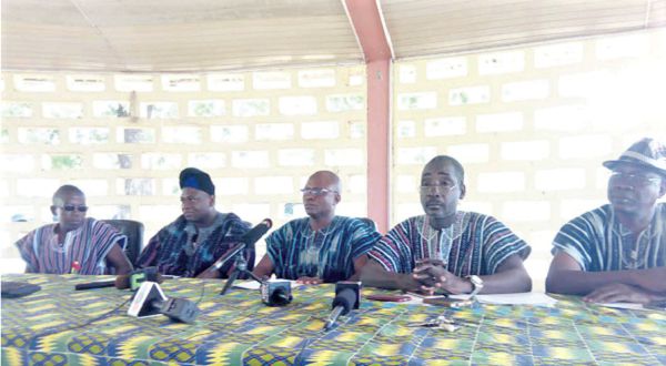 Mr Torbi (middle), the representative of the Konkomba Youth Association (KOYA) in Tamale, reading the joint statement on behalf of the leadership of the Konkomba and the Chokosi Youth associations. On his left is Dr Solomon Gumangah, the representative of Chokosis in Tamale. Also in the picture is Mr Samuel Gyabayate, the Member of Parliament for Chereponi