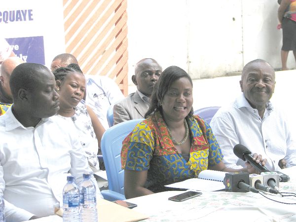  Miss Priscilla Torgbor (middle) addressing the press  in Accra. With her is Mr Robert Nii Oko Adams (left),  opinion leader and Mr Isaac Otu Nortey (right), opinion leader, Ashante Blohum. Picture: ESTHER ADJEI