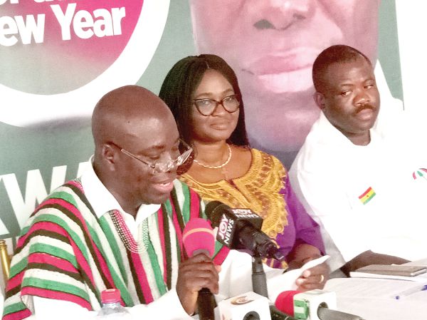 Mr Delali Kwasi Brempong (left) addressing  the press while Maame Efua Sekyi-Aidoo (middle), a Deputy National Women’s Organiser and Mr Joshua Hamidu Akamba look on