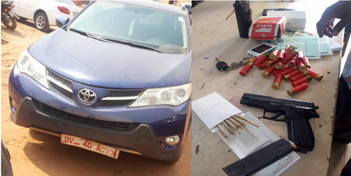 The impounded car and inset: the pistole and ammo discovered in the vehicle
