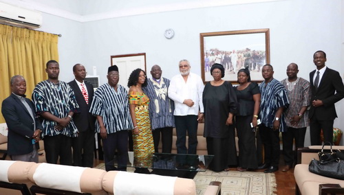 President Rawlings in a pose with the delegation. Next to the former President is the widow Mrs Asore