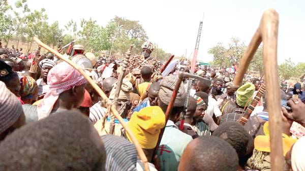 The Chief Warrior of Dagbon, Kumbung Naa Yiri II (arrowed), embarking on the three-day journey from the Bin-biem Palace in Kumbungu to Yendi