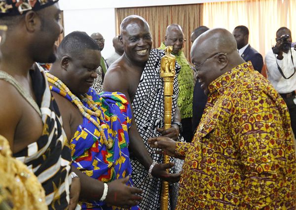 President Akufo-Addo exchanging pleasantries with Nii Ayibonte (2nd left), Gbese Mantse at the Jubilee House in Accra. Picture by Samuel Tei Adano