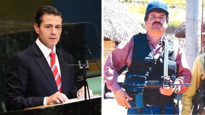  Former Mexican president Enrique Peña Nieto (L) and Joaquín "El Chapo" Guzmán (R) 