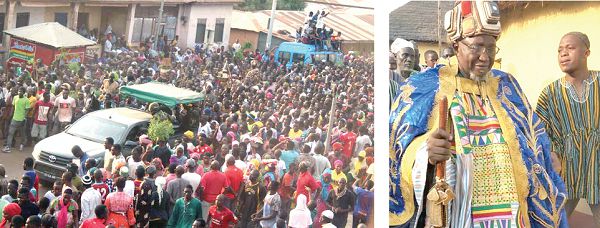 The Chief Warrior of Dagbon, Kumbung Naa Yiri II (left), embarking on the three-day journey from the Bin-biem Palace in Kumbungu to Yendi. Right: The procession on his arrival in Tamale.