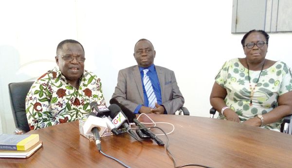  Nana Otuo Acheampong (left), the Board Chairman, HeFRA, briefing the press at the Korle Bu Teaching Hospital. With him are Dr Daniel Asare (middle), the CEO, Korle-Bu Teaching Hospital, and Ms Gertrude Mantey (right), board member, HeFRA
