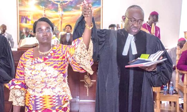 Rev Prof Emmanuel Adow Obeng, the President of the PUCG,  introducing Mrs Mary Abena Agyepong to the gathering 