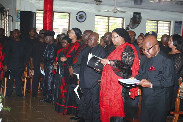  Agyarko laid to rest•President Nana Addo Dankwa Akufo-Addo (3rd right), and wife Rebecca (2nd right), the Vice President Dr Mahamudu Bawumia(4th right) and wife Samira (5th right), the Speaker of Parliament, Professor Mike Aaron Oquaye and other dignitaries at the burial service of Mr Kyeremanteng Agyarko in Odumase-Krobo.