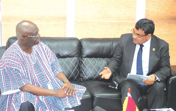 Mr Birender Singh Yadav (right), India High Commissioner to Ghana, interacting with Mr Joseph Kofi Addah (left), Minister of Aviation during a courtesy call on the Minister in Accra