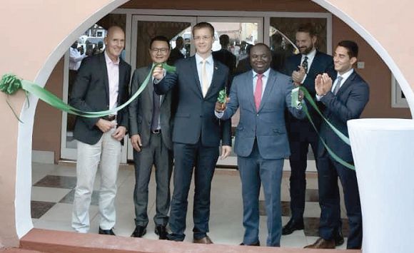 Nana Yaw Appiah (2nd left), MD of Engisys Ltd being supported by his partners to inaugurate the centre 