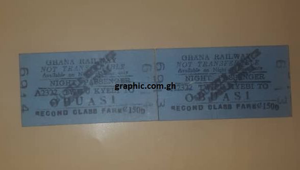 The ticket bears the following inscriptions: “Ghana Railway. Not transferable. Available on night of issue only. Night passenger. A2322 Twifu Kyebi to Obuasi. Second class fare ¢1500.