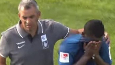 Jordi Osei-Tutu was visibly upset as he left the pitch in tears