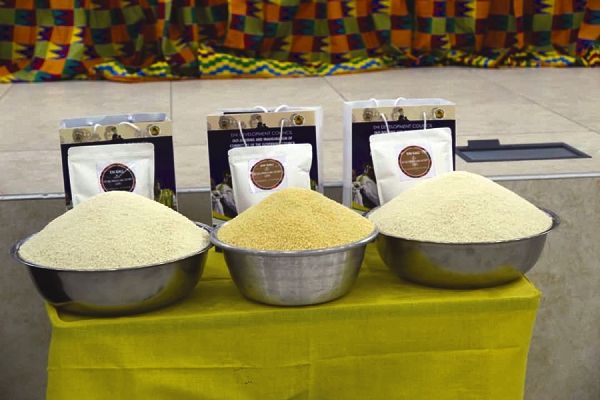 Gari made by women of Ehi being exhibited during the media launch of the 2019 Ehi Nutome Galiza held in Accra. Picture: ESTHER ADJEI