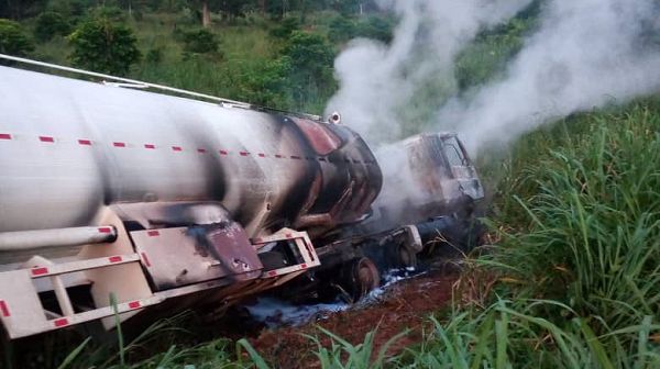 The fuel tanker after it was allegedly set ablaze