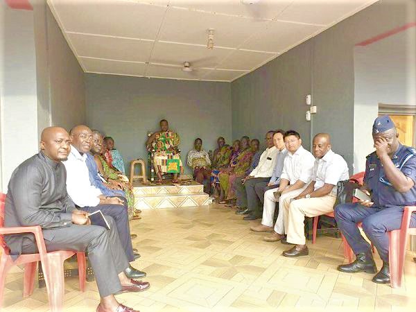 The delegation in a meeting with Nana Kwame Amponsah, the Omanhene of Awaso