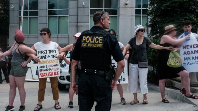  Rights activists protesting against ICE near the organisation's headquarters in Washington DC last week 