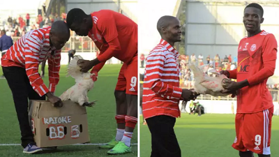 Nyasa Big Bullets striker Hassan Kajoke was presented a live chicken after his Man of the Match performance