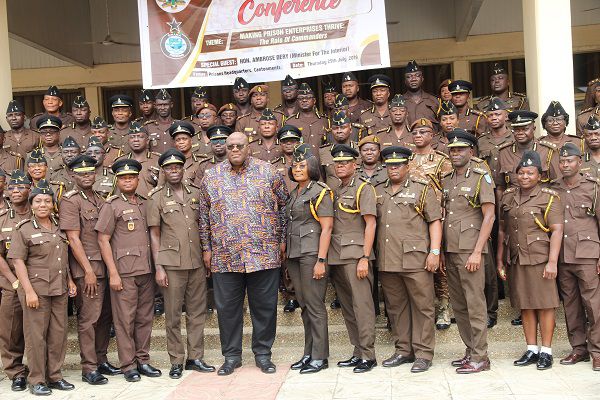 Mr Henry Quartey (5th left), Deputy Minister for the  Interior, Mr Patrick Darko Missah (4th left), Director General of Prisons, and Mrs Patience Baffoe-Bonnie (right), Deputy Director of Prisons at the James Camp Prisons, Roman Ridge, and the commanders after the meeting in Accra. Picture: ESTHER ADJEI