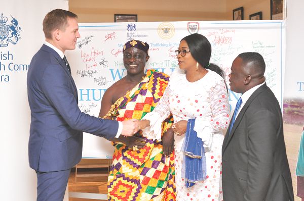 Mrs Cynthia Morrison (2nd right), interacting with Mr Thomas Hartley (left), Nana Ayimadu Brempong (2nd left), Chief, Adjena Akwamu Traditional Area and Mr Leonard Ackon (right). Picture: NII MARTEY M. BOTCHWAY