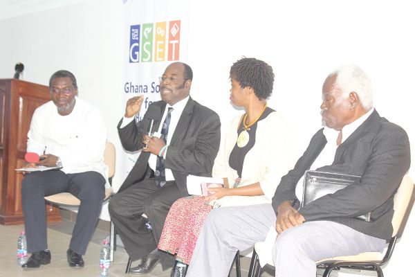 Prof. Jonathan Fletcher (2nd left), Acting Dean, School of Education and Leadership, University of Ghana, making a submission during a panel discussion. Looking on are Dr Samuel Awuku (left), Ms Amma Aboagye (3rd left), Senior Partnership Advisor, USAID Science, Technology and Innovation, and Mr Emmanuel Quaye (right), former Director of GES. Picture: Maxwell Ocloo