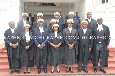 Justice Sophia A.B. Akuffo (3rd right), the Chief Justice and Justice Sophia O.A. Adinyira (4th right), Justice of the Supreme Court, with other Justices of the Supreme Court after the ceremony. Picture: EDNA ADU-SERWAA