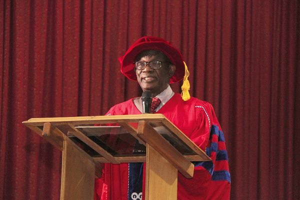 Professor Jophus Anamuah-Mensah (right), Chairman of the Governing Council of Zenith University College addressing the graduands, parents and other invited guests at the graduation ceremony