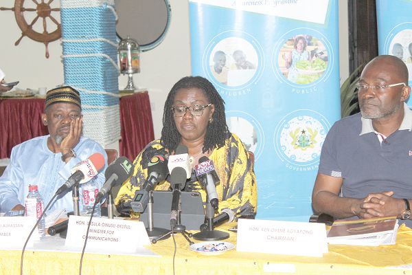 Mrs Ursula Owusu Ekuful (middle), Minister of Communications addressing the conference on National Cyber Security.   With her is Mr Ken Ohene Agyapong (right),  a member of the Parliamentary Select Committee on Communications and Mr Bashir Fuseini Alhassan (left), a Ranking Member of the Committee. Picture PATRICK DICKSON 