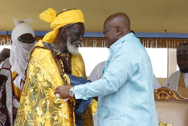 President Nana Addo Dankwa Akufo-Addo (right), welcoming Dr Osman Nuhu Sharabutu (left), National Chief Imam to the 2019 EID FITR at the Independence Square in Accra.