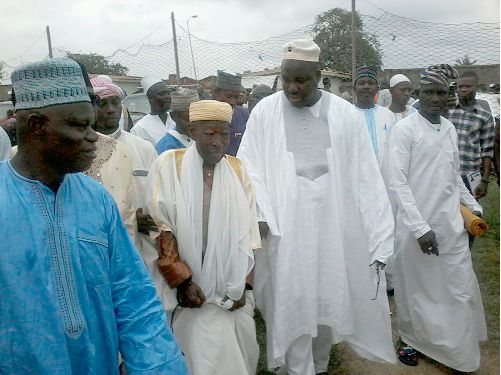 The Tema Metropolitan Chief Imam, Alhaji Abubakar Adam (arrowed) and Mr Felix Mensah Nii Anang-La (2nd right) arriving at the prayer grounds. Picture: Benjamin Glover