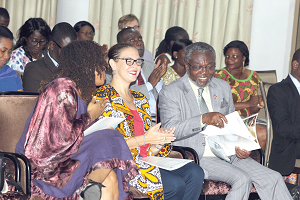 Dr Anthony Nsiah-Asare (right), interacting with  Ms Janean Davis (left), Health  Office Director, USAID Ghana and Mrs Karen Caldwell, Chief of Party, Maternal and Child Survival Programme at the event. Picture: Maxwell Ocloo
