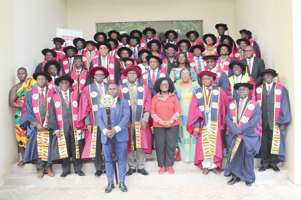 His Royal Majesty the Akwamuhene, Odeneho Kwafo Akoto III (middle), Chairman of Governing Council of Ghana College of Pharmacists, with board members and dignitaries
