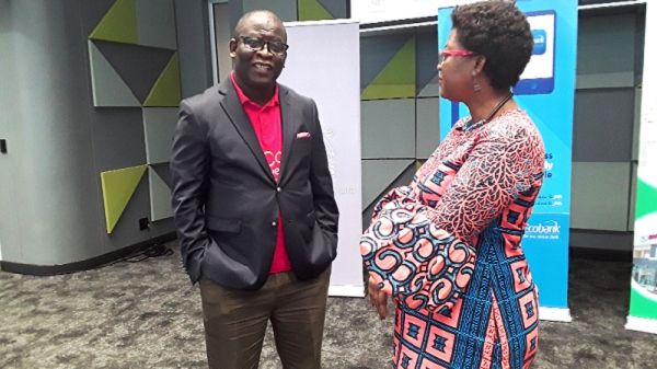 Mr Dan Sackey (left) interacting with Mrs Deborah Kwablah after the launch of the blood donation exercise