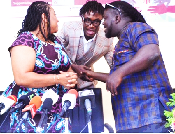 (From left): Mrs Josephine Nkrumah of NCCE, EL and Obour at the launch of the MUSIGA anti-corruption campaign in March