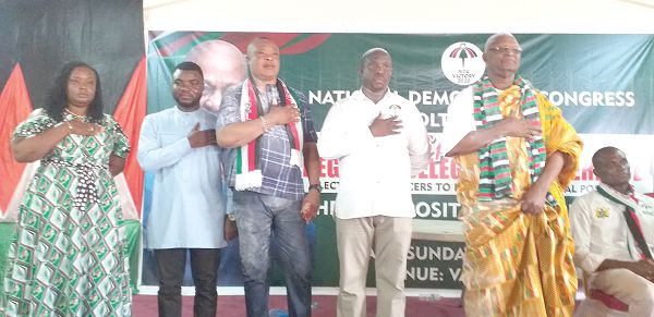  The new executive from right — Mr Henry Ametefee, the Chairman, Mr George Loh, the Vice Chairman, Mr George Dake, the second Vice Chairman, Mr Angelo Norkplim Agbodzie, the Deputy Youth Organiser, and Madam Aku Shika, the Deputy Regional Women Organiser, taking their oath of office 