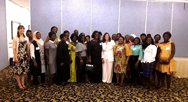  The women trainees after the knowledge sharing exercise. They includeDr Rose Mensah Kutin (4th right), Director, ABANTU for Development, and Ms Theresa McGrahan (3rd right), Director of Training and Mentoring, Imagine.